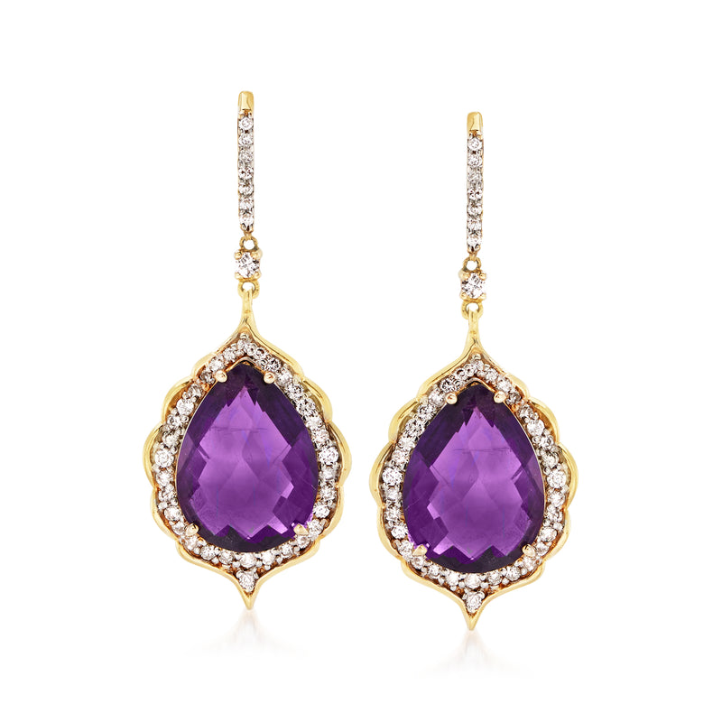14kt yellow gold drop earrings with purple amethyst teardrop and diamond halos
