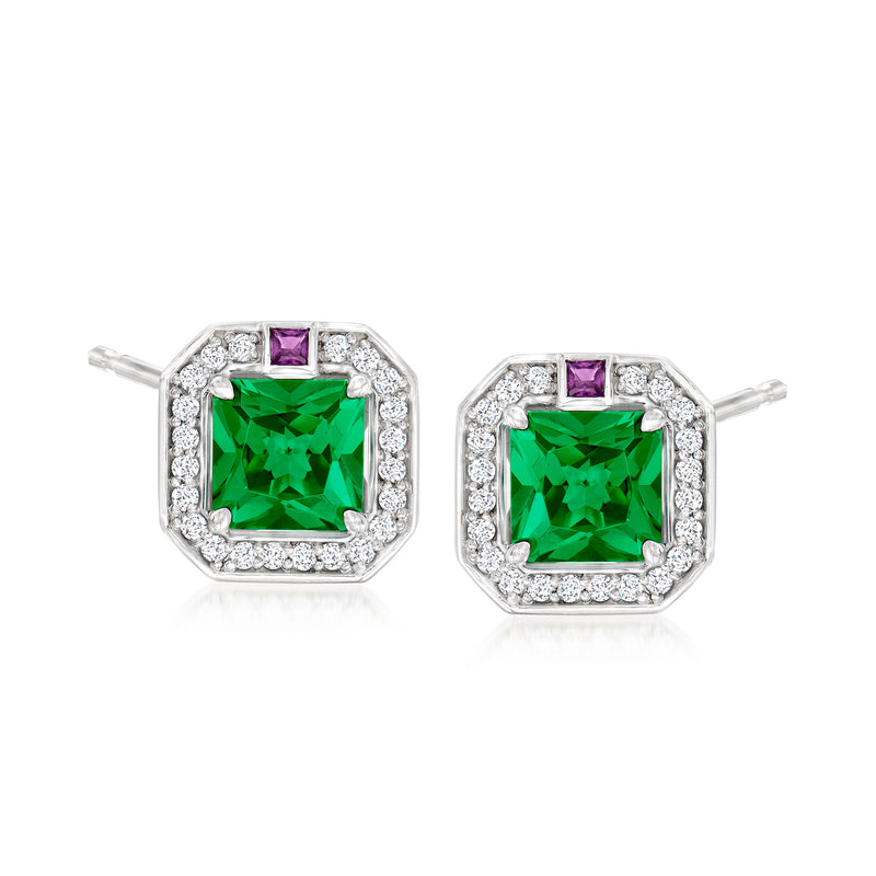 Sterling silver square stud earrings with green simulated emerald, purple accents, CZ halo