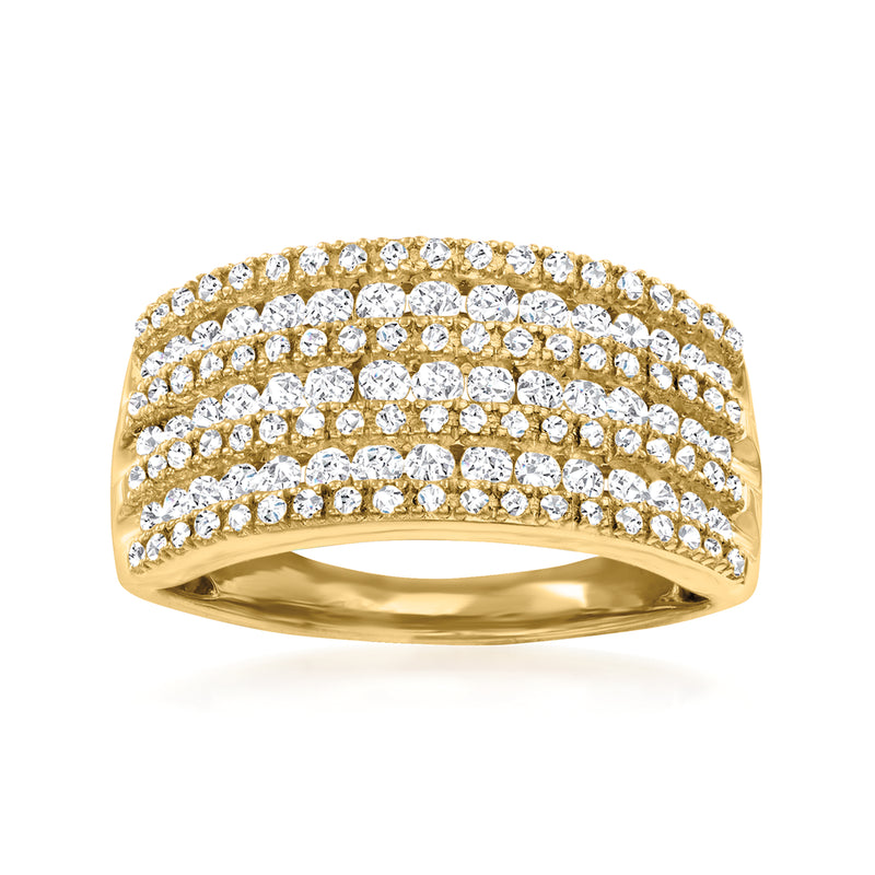 Diamond multi-row ring in 18kt gold over sterling, three rows of round crystals