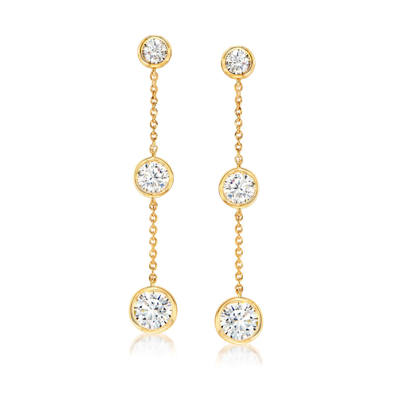 Gold over sterling bezel-set CZ linear drop earrings with three round stones