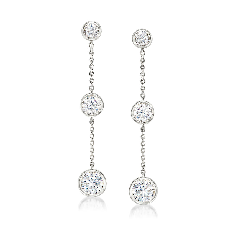 Sterling silver CZ linear drop earrings, three round bezel-set stones on chain dangles