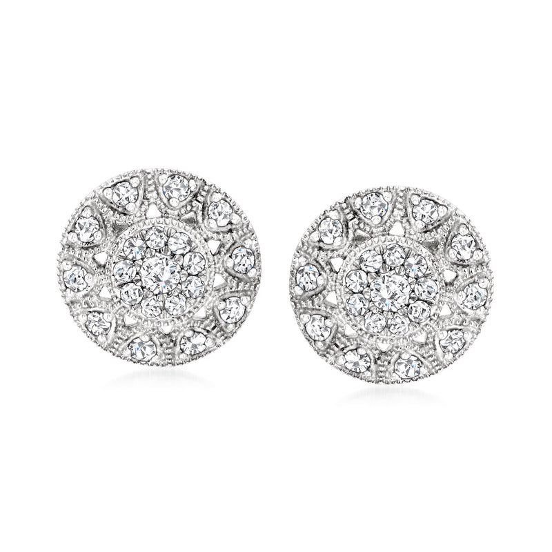 Sterling silver diamond cluster stud earrings, round halo design with clear stones