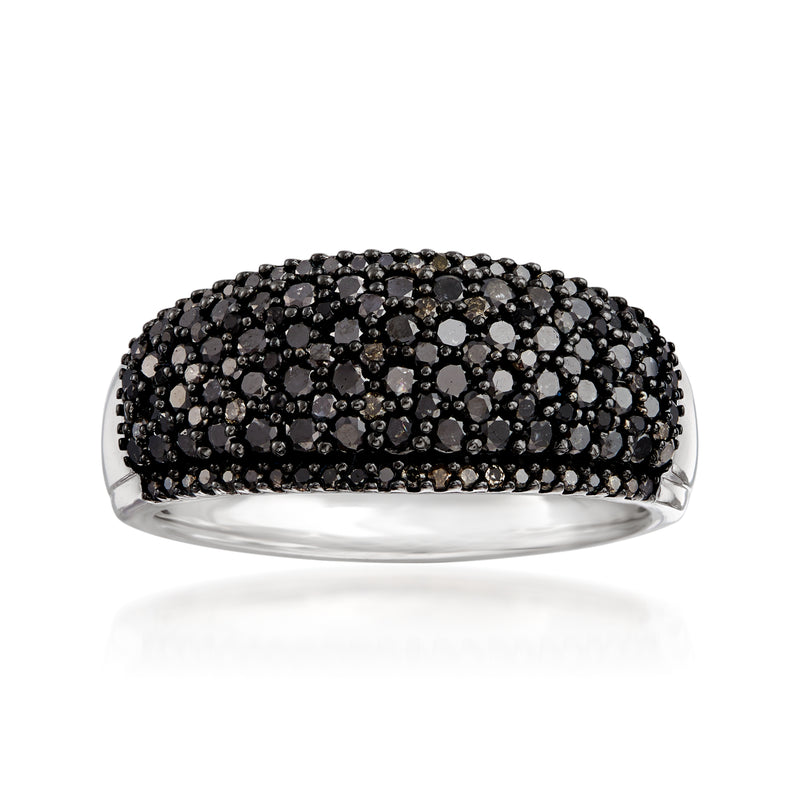 Sterling silver black diamond ring, pave setting with rounded top and bezel-style edges