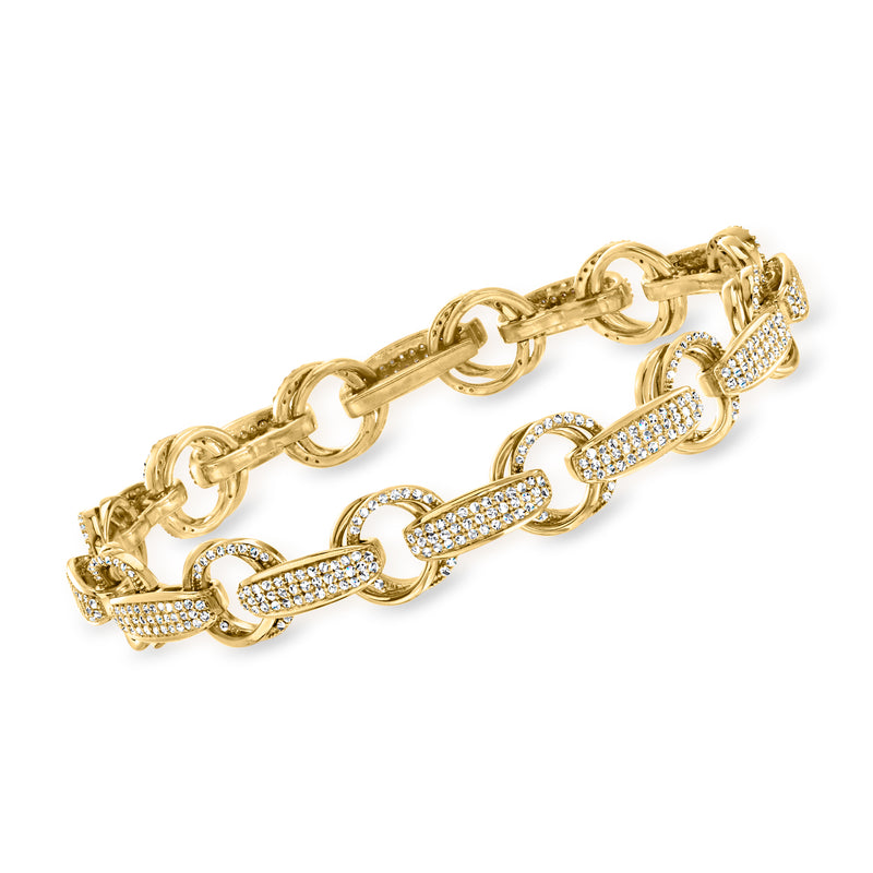 Diamond link bracelet in 18kt gold over sterling with alternating plain and pavé links