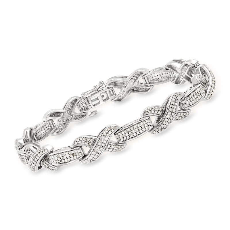 Sterling silver diamond X bracelet with pave diamond-look accents and hinged links
