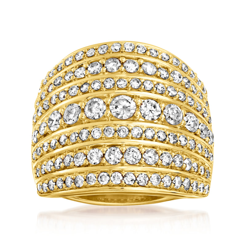Gold-tone multi-row diamond-look ring with three bands of round stones