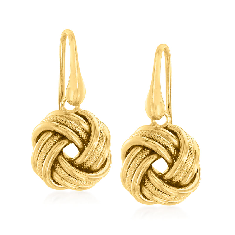 Gold-tone love knot drop earrings with earwire, twisted ring knot design