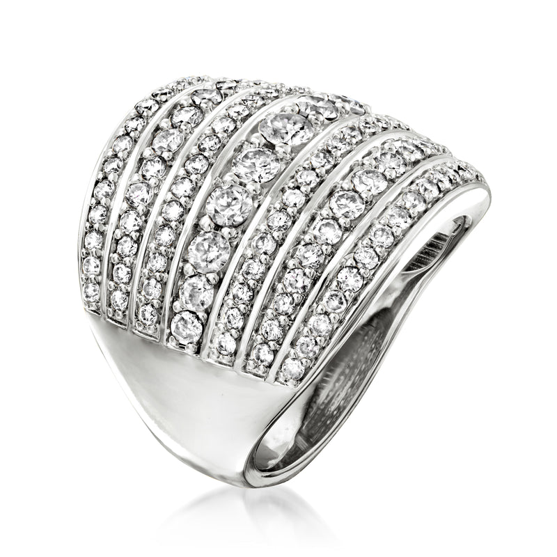 Sterling silver multi-row diamond band ring with a domed profile and round stone rows