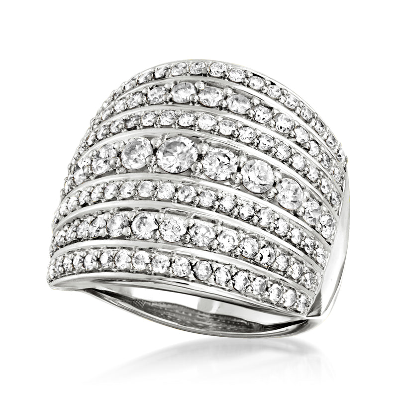 Sterling silver multi-row diamond band ring with curved bands of round diamond stones