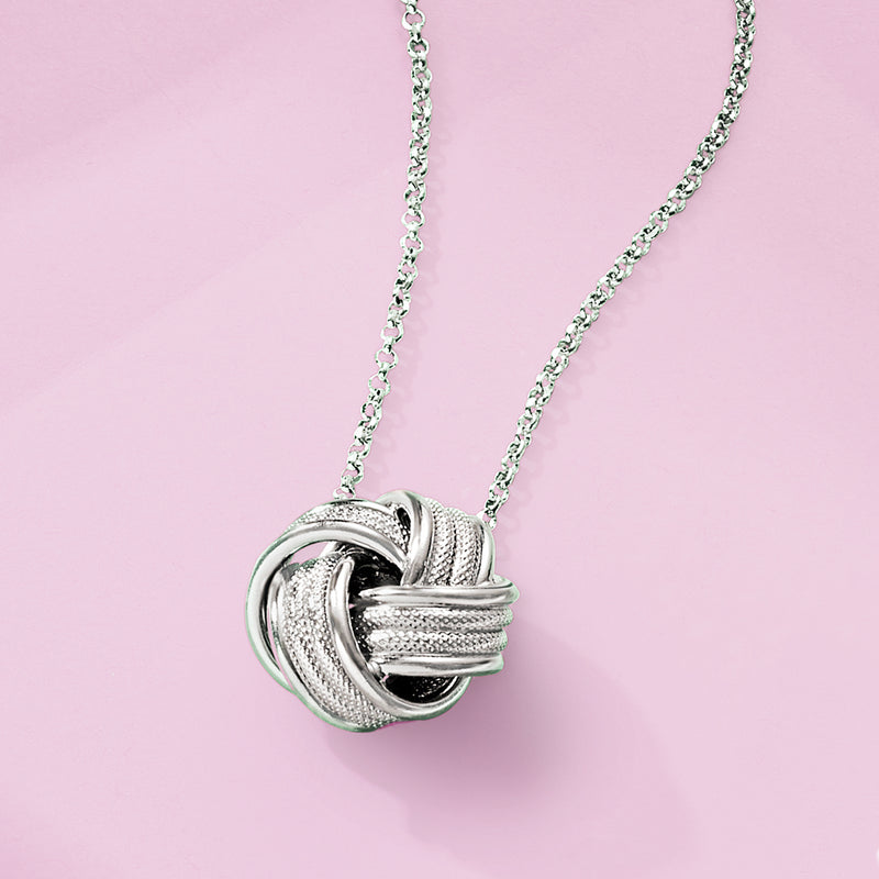 Sterling silver love-knot pendant necklace, round textured knot centerpiece