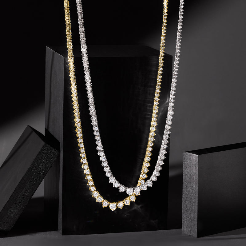 Graduated diamond tennis necklace with round stones, gold-over-sterling, layered look