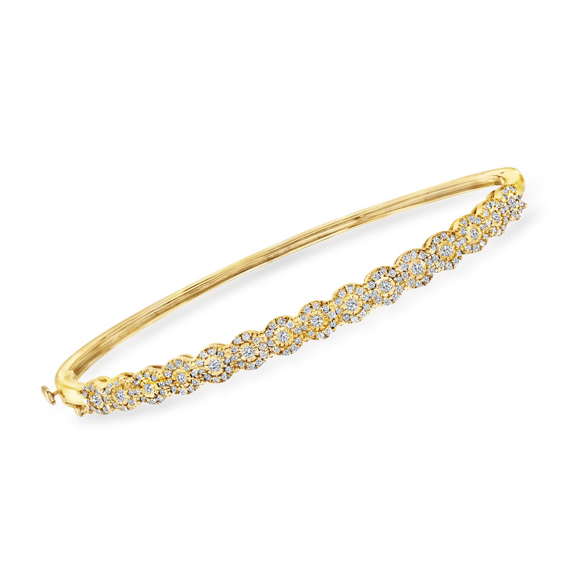 Yellow gold over sterling silver bangle with pave diamond row and hinged clasp