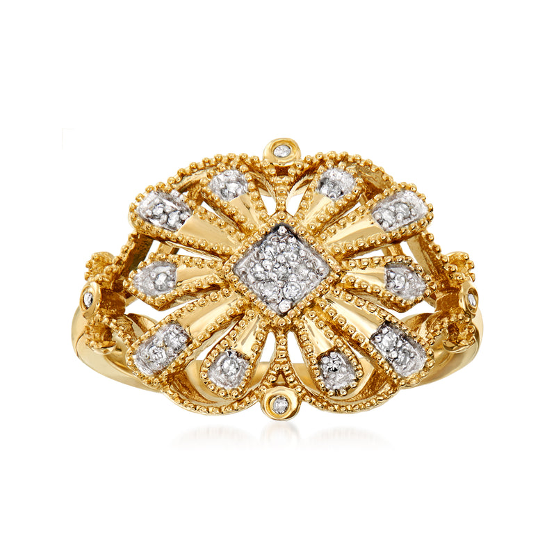 Openwork diamond ring in gold over sterling with ornate floral filigree