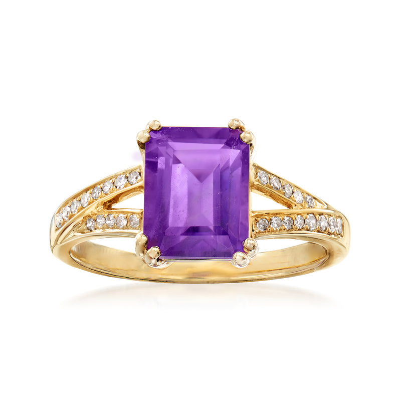 14kt yellow gold ring with rectangular amethyst center and diamond accents on band