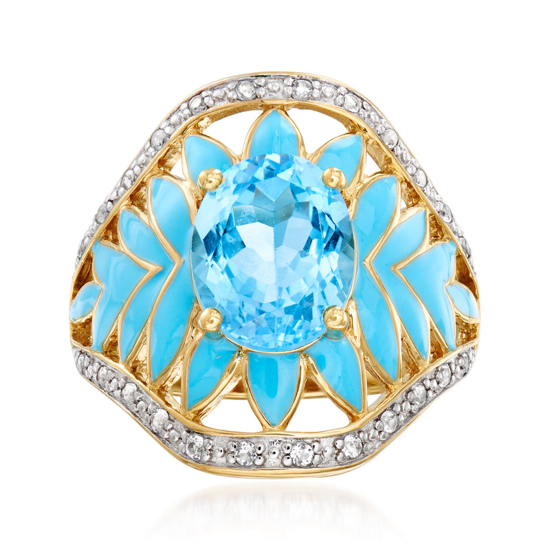 18kt gold topaz ring with oval Swiss blue stone, blue enamel, and diamond halo