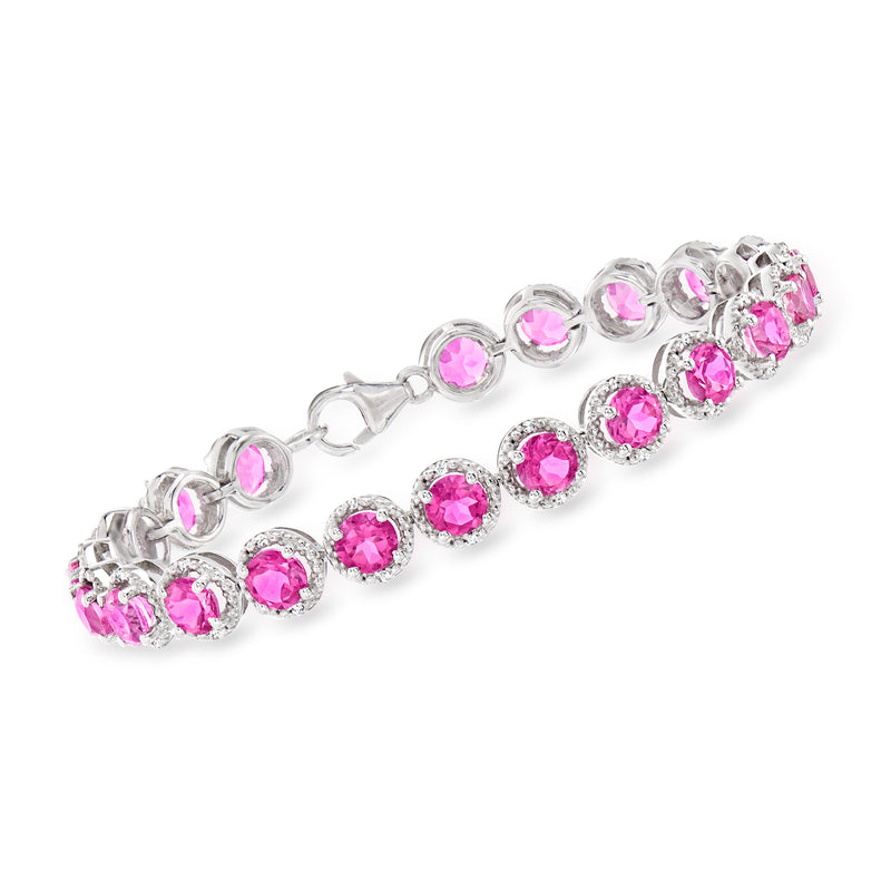 Sterling silver tennis bracelet with round pink gemstones and clear diamond accents
