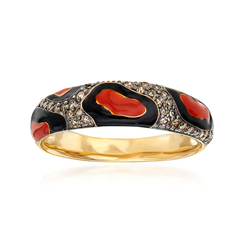 18kt gold ring with black enamel animal-print, red accents, and diamond-like stones