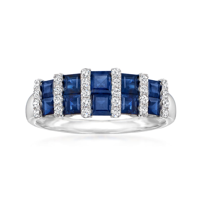 14kt white gold ring with rectangular blue sapphire and diamond accents