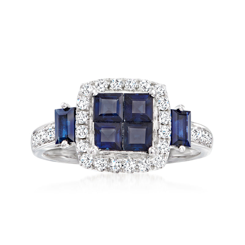 14kt white gold ring with rectangular blue sapphire center, diamond halo and side stones