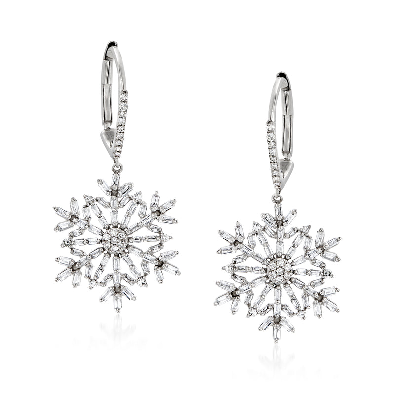 Sterling silver snowflake drop earrings with diamond-like round and baguette stones, leverbacks