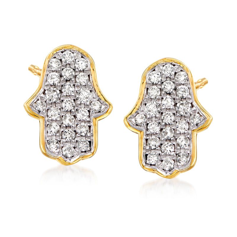 Gold hamsa hand stud earrings with diamond cluster stones, post backs