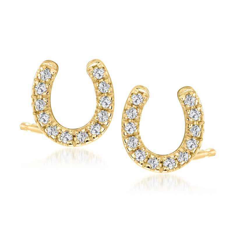 Diamond horseshoe stud earrings in gold with clear round stones, curved U design