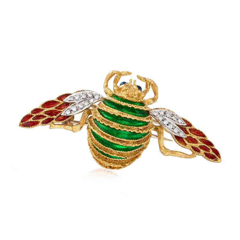 18kt yellow gold bumblebee pin with green and red enamel and clear stone accents