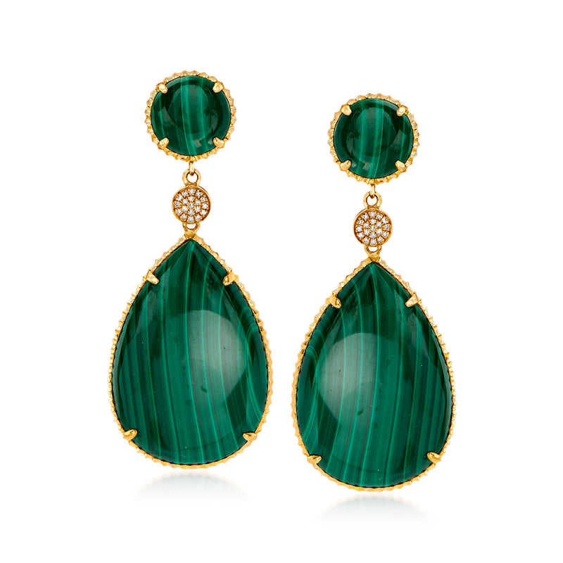 Yellow gold drop earrings with green malachite round tops and teardrop stones, diamond accents