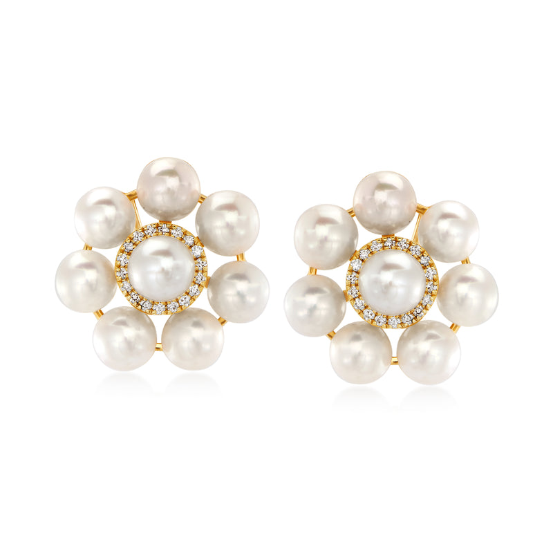 Floral cultured pearl and diamond stud earrings in 14k yellow gold, round pearl cluster with halo