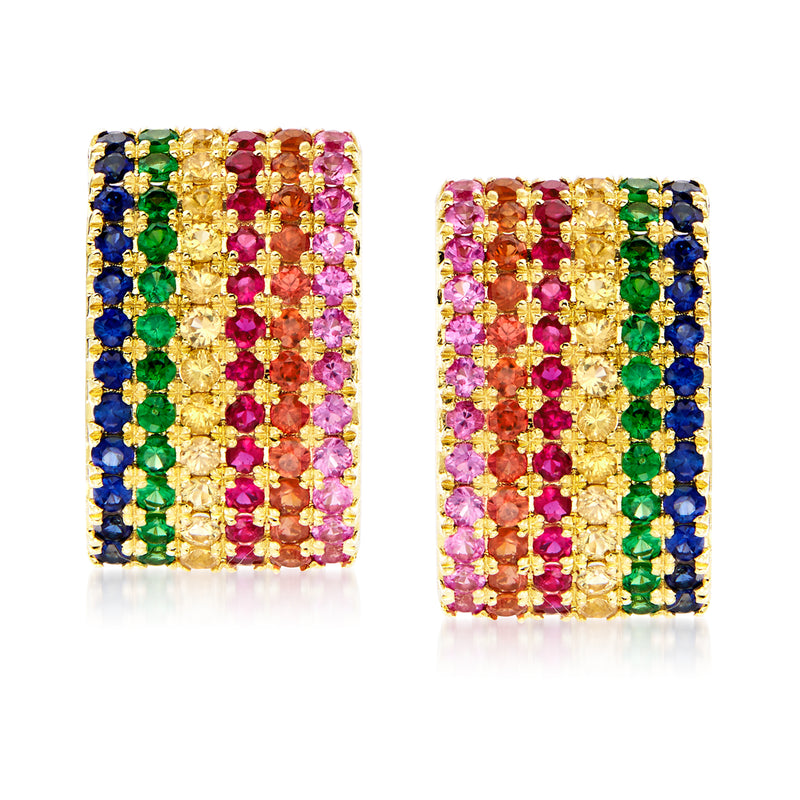 14kt yellow gold rectangle multi-gemstone stud earrings: pink, blue, green, red