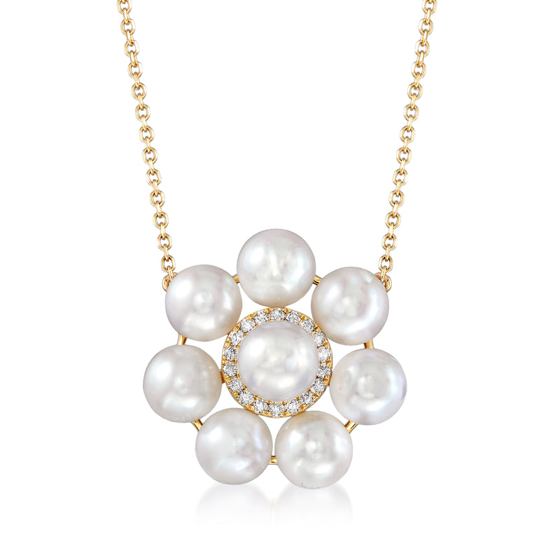 14kt yellow gold necklace with round cultured pearls and diamond floral halo pendant