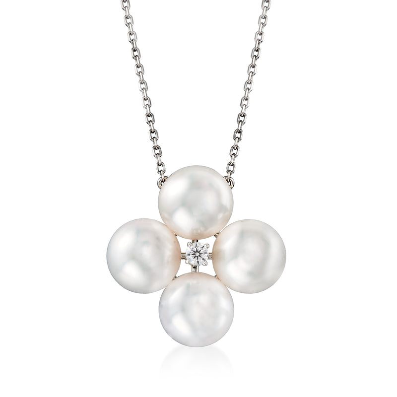 Cultured pearl necklace with diamond-accent clover pendant on white gold chain