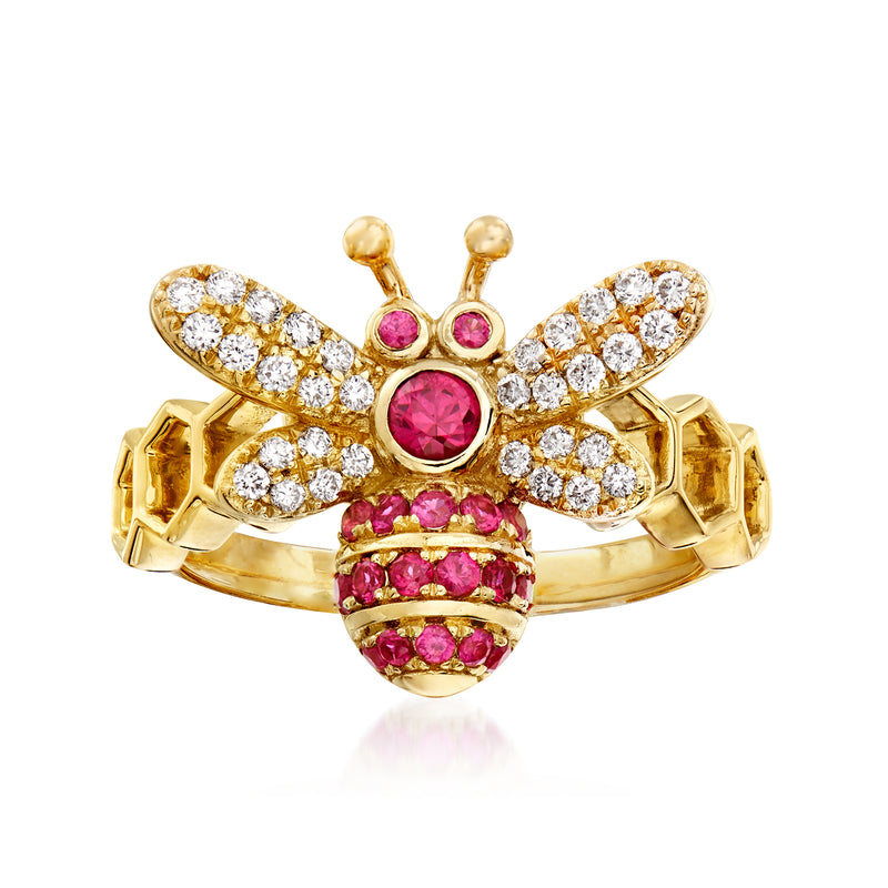 14kt yellow gold bumble bee ring with ruby body and diamond pave wings