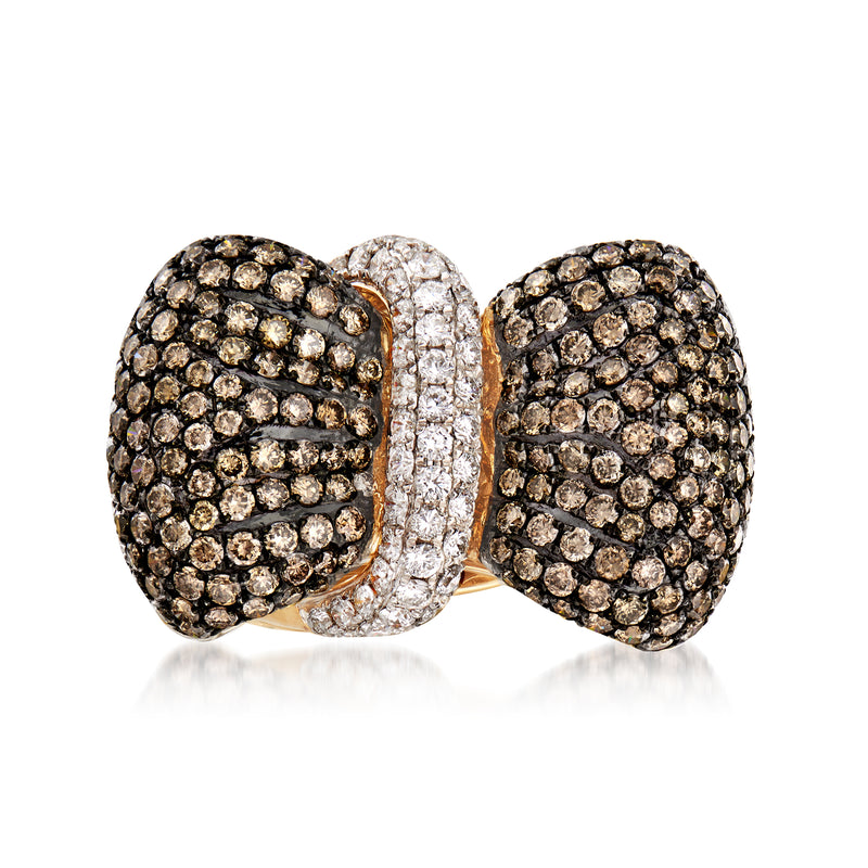 Brown and white diamond bow ring in 14kt yellow gold