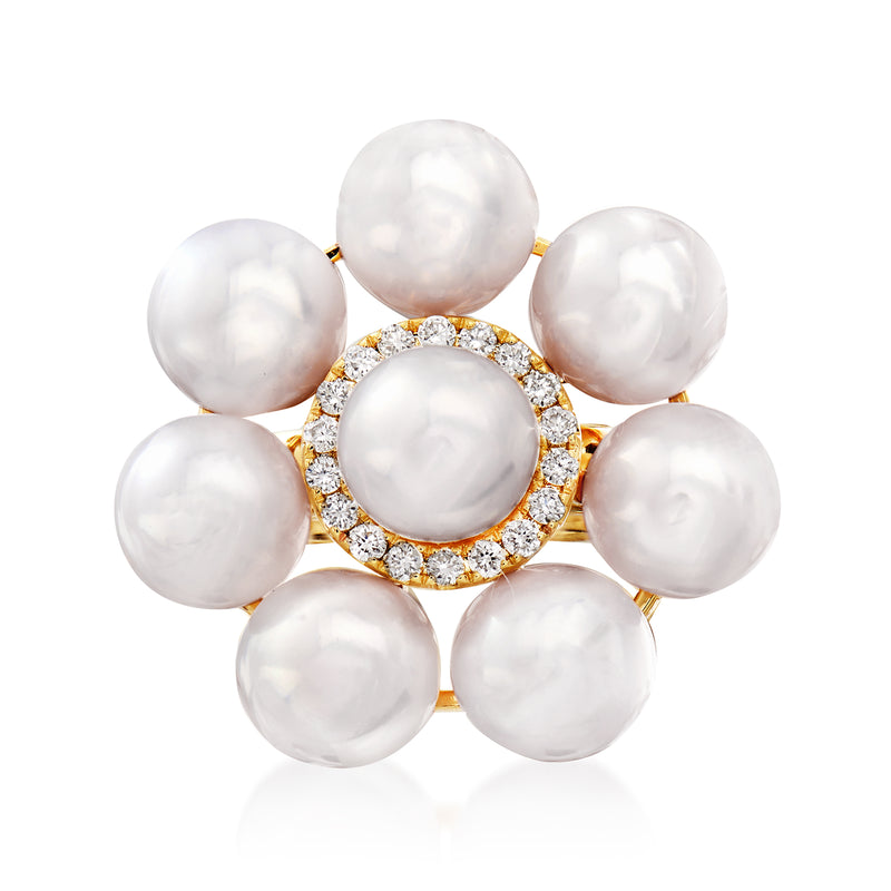 14kt yellow gold pearl and diamond floral ring with round halo and six cultured pearls