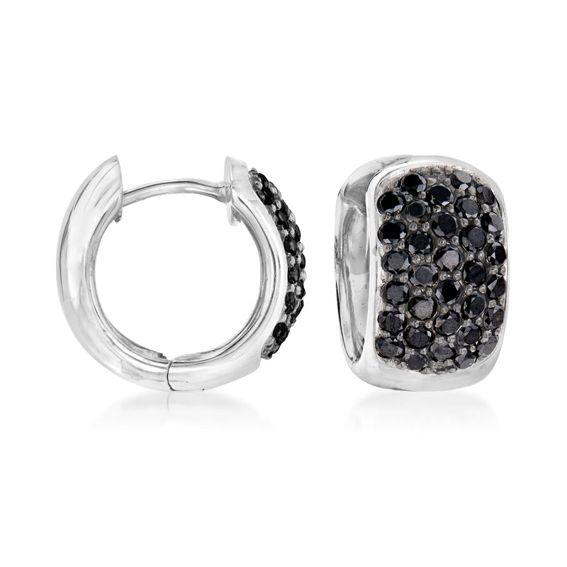 14kt white gold black diamond huggie hoop earrings, side and front views