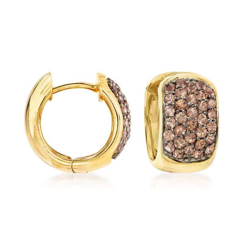 14kt yellow gold brown diamond huggie hoop earrings, front and side view