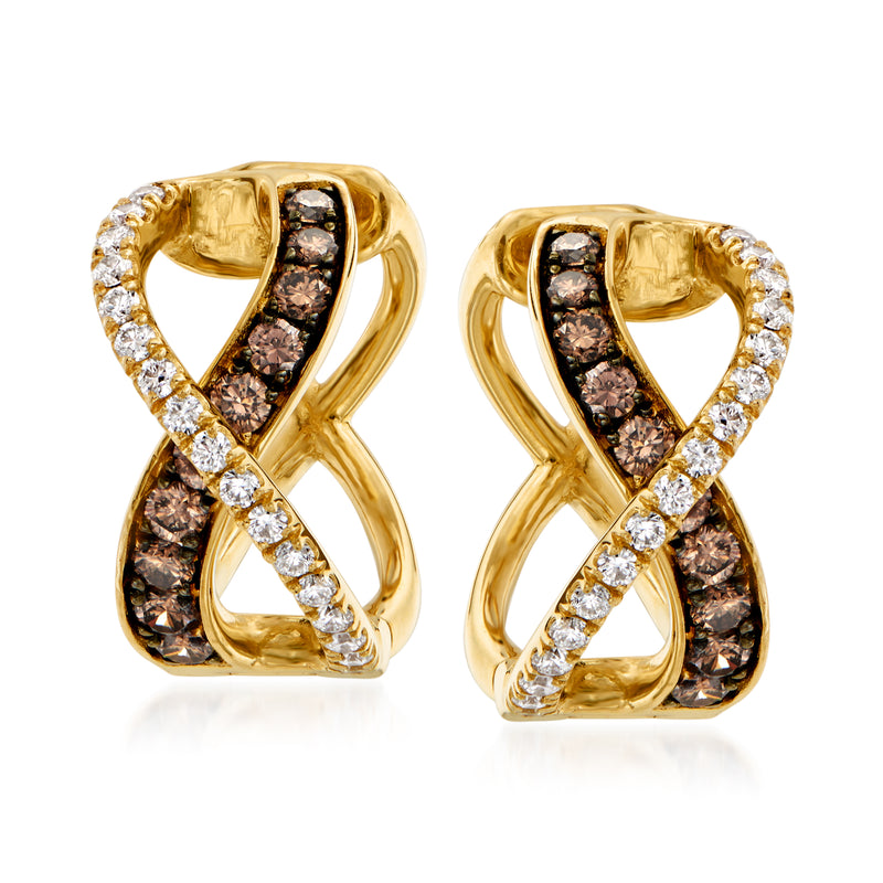 14kt yellow gold crisscross hoop earrings with brown and white diamond accents