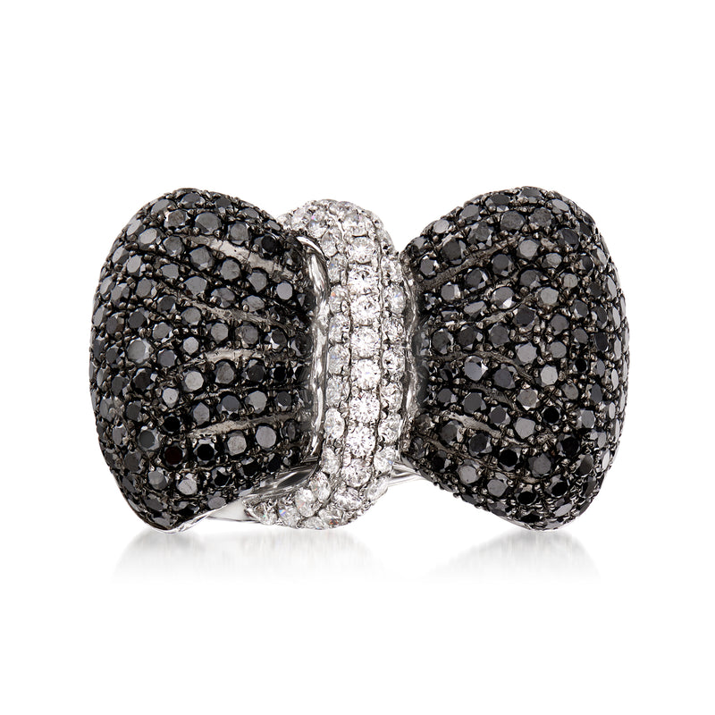 Black and white diamond bow ring in 14kt white gold