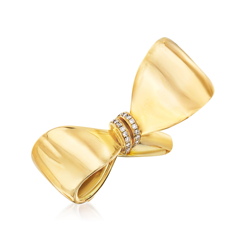 14kt yellow gold diamond bow ring with split shank and pavé center
