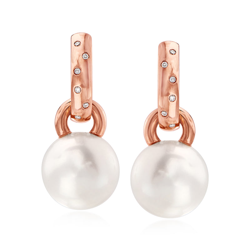 Rose gold drop earrings with round white cultured pearl and diamond accents
