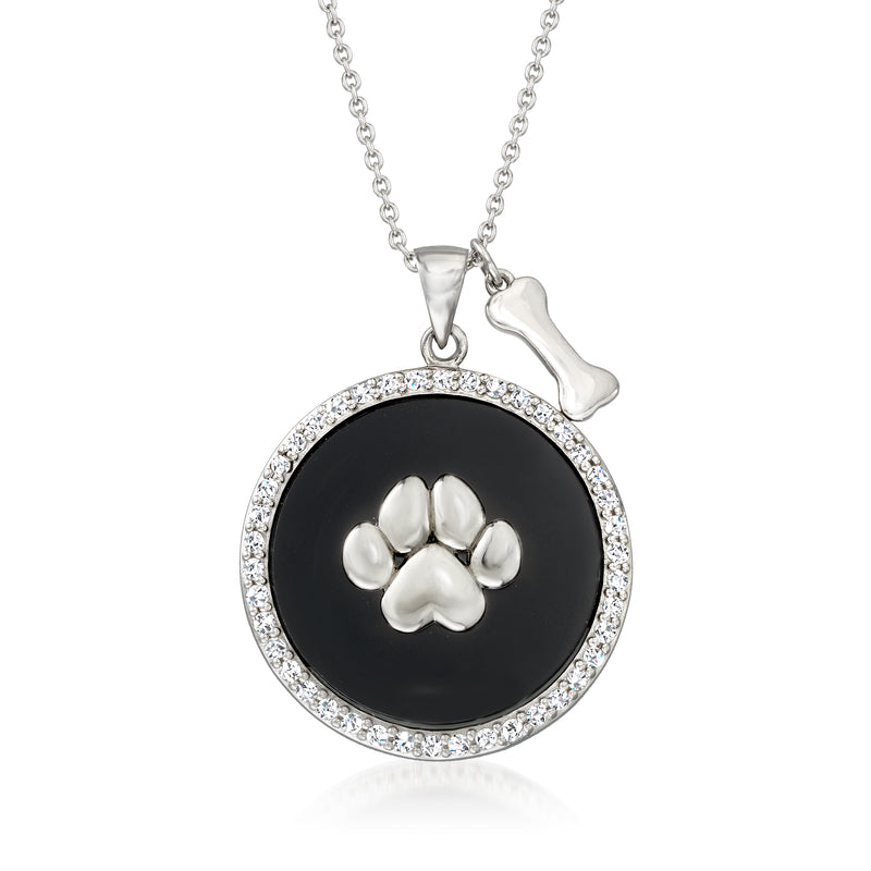 Sterling silver paw print pendant necklace with black onyx center and crystal halo