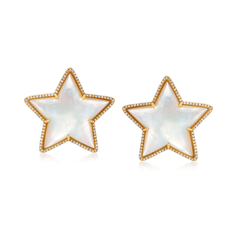 Mother-of-pearl star earrings with diamond pavé edges in 14kt white gold
