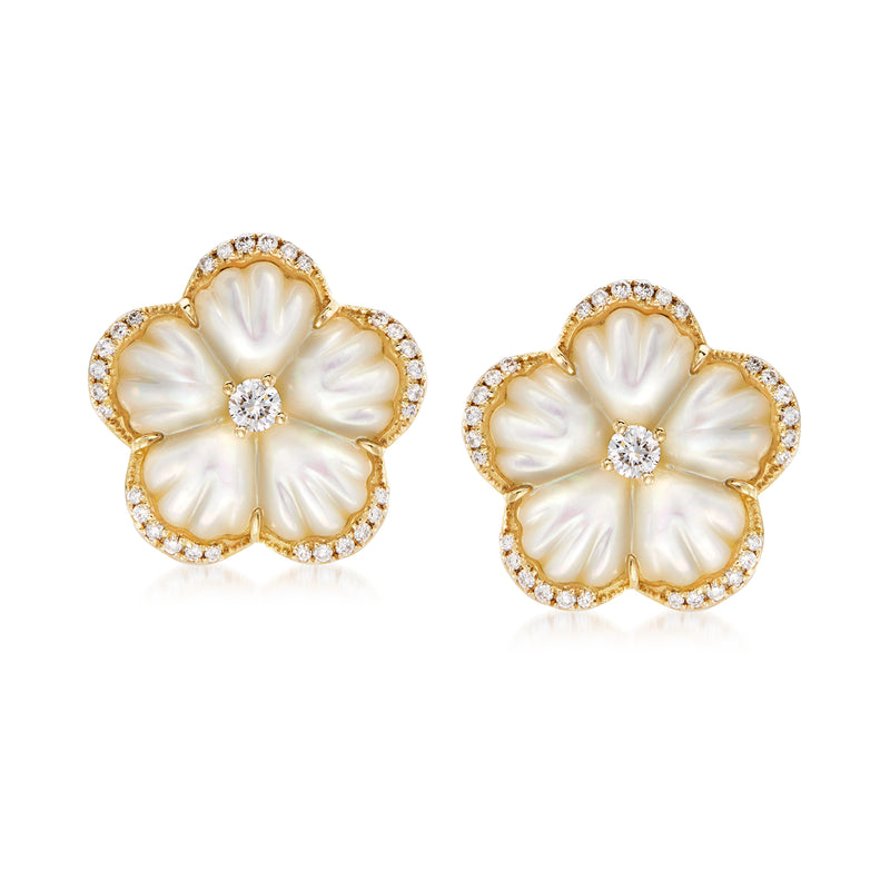 14kt yellow gold flower earrings with mother-of-pearl petals and diamond accents