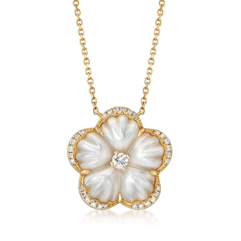 14kt yellow gold necklace with mother-of-pearl flower pendant and diamond center