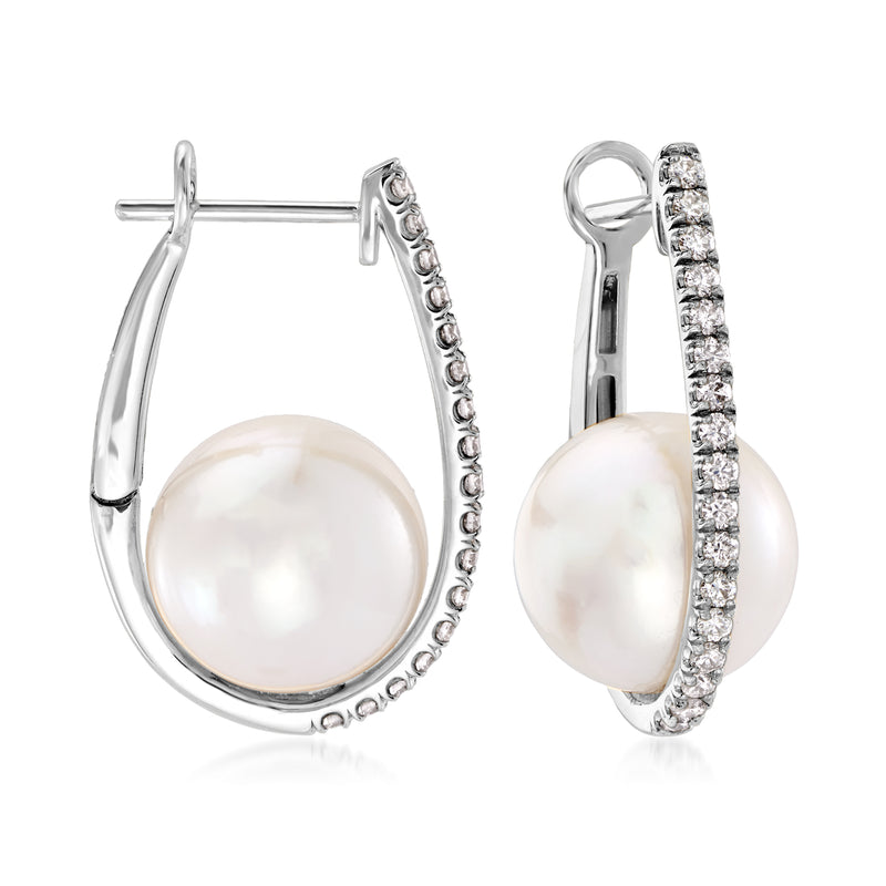 Cultured pearl and diamond oval drop earrings in 14kt white gold