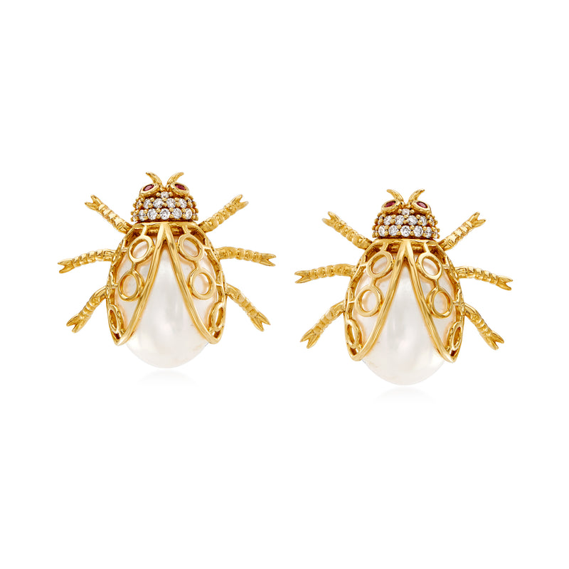 14kt yellow gold beetle earrings with cultured pearl bodies, diamond accents, ruby eyes