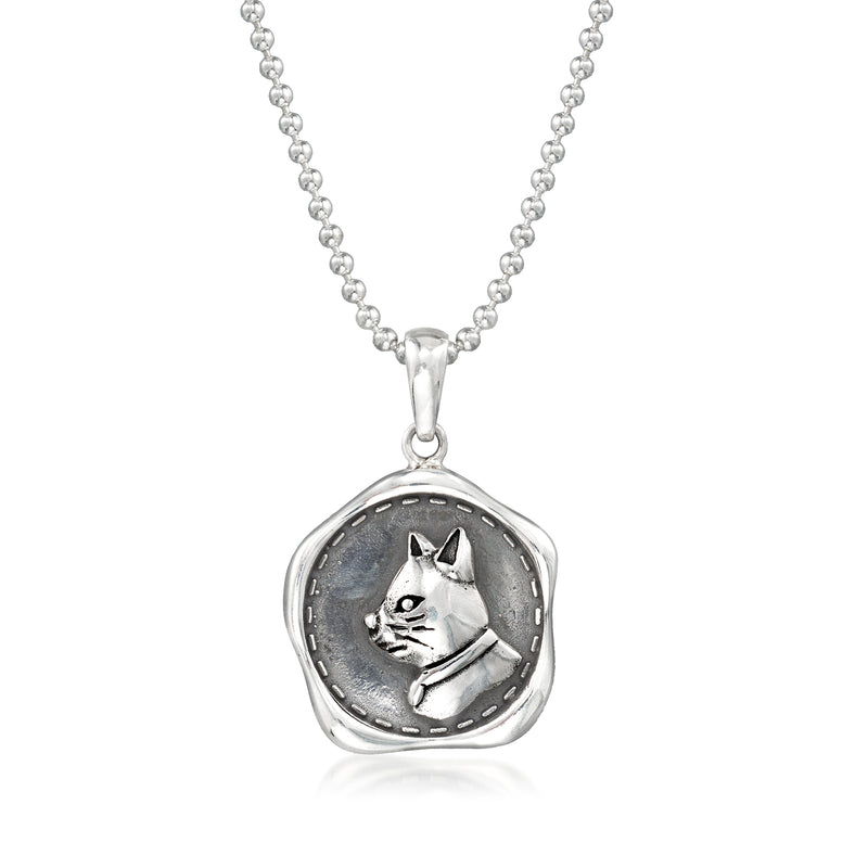 Sterling silver cat pendant necklace with round openwork cat face charm