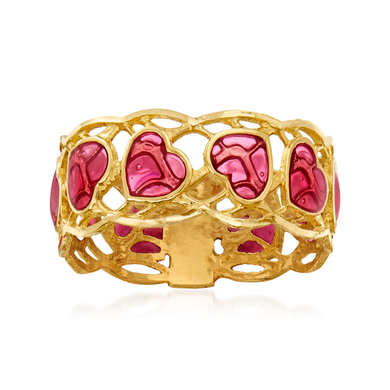 14kt yellow gold openwork heart ring with pink enamel heart details