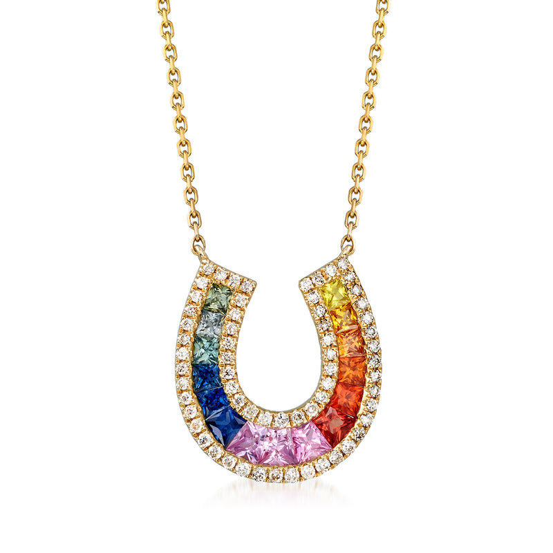 14kt yellow gold horseshoe necklace with multicolored sapphire rows and diamond accents